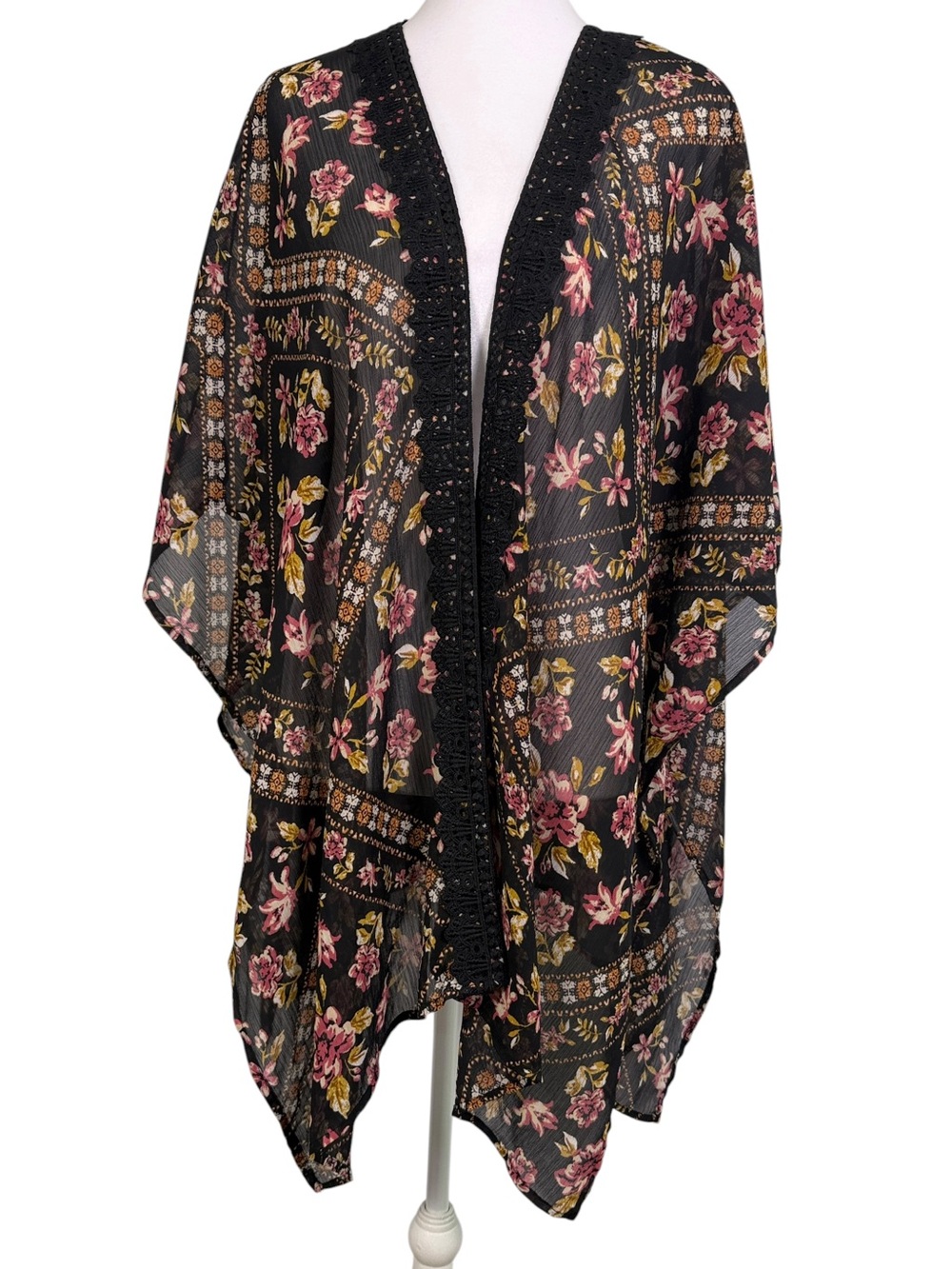 Jolt XL Boho Floral Kimono Cardigan Black Dusty Rose Lace Trim Open Front Wrap